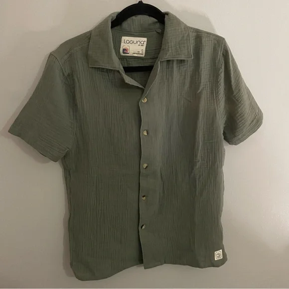 Laguna Mens Button Up Army Green Short Sleeve 100% Cotton Size Small So Soft EUC - Picture 1 of 6
